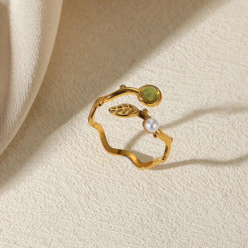 Prsten z nerezové oceli s nastavitelnou velikostí FLOWER green pearl